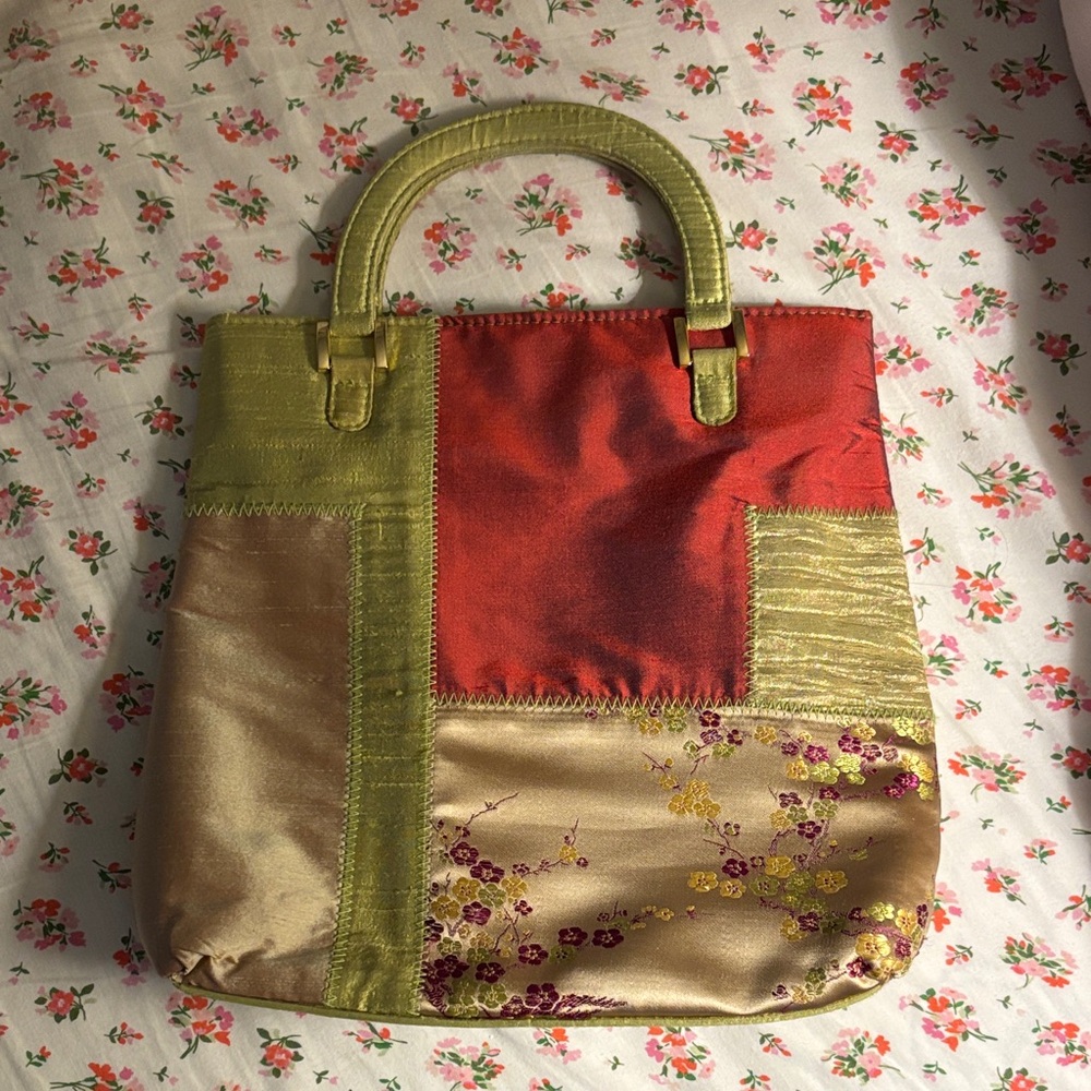 Bath & Body Works Patchwork Satin Tote in Gold, Red & Green